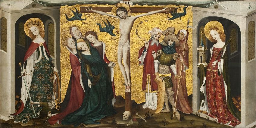 Painting of Calvary, St Catherine and Barbara at St Salvator's Cathedral, Bruges, dating from c. 1425. © KIK-IRPA, Brussels